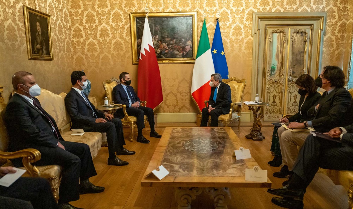 Italy Prime Minister H E Mario Draghi meeting with Deputy Prime Minister and Minister of Foreign Affairs H E Sheikh Mohammed bin Abdulrahman Al Thani in Rome, yesterday.

