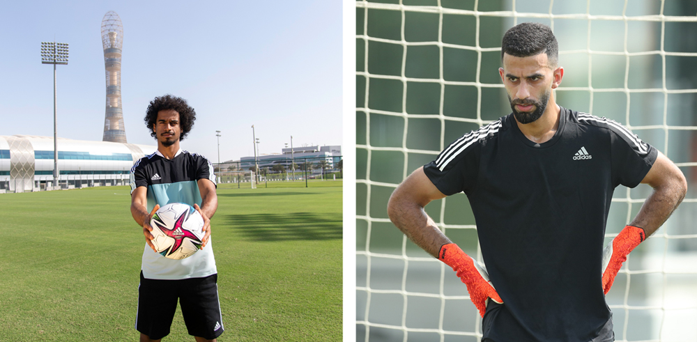 Qatar national team players Akram Afif and Saad Al Dosari in adidas wears