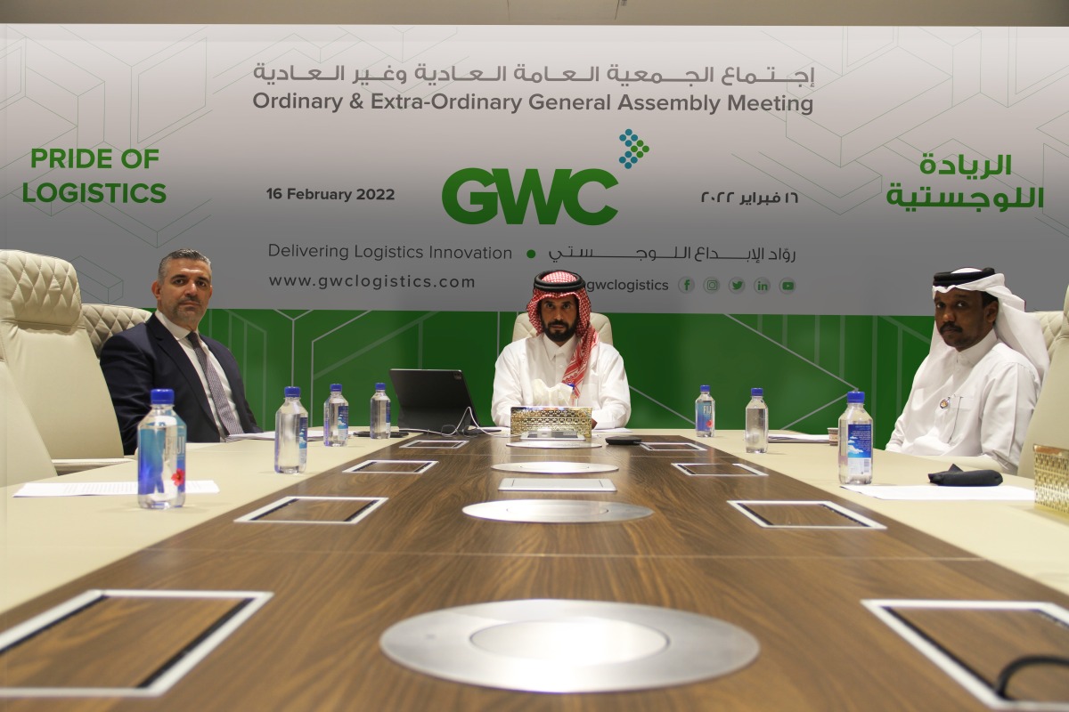 GWC Chairman Sheikh Abdullah bin Fahad bin Jassem bin Jabor Al Thani with other officials during the Ordinary and Extraordinary Assembly General Meeting, yesterday.