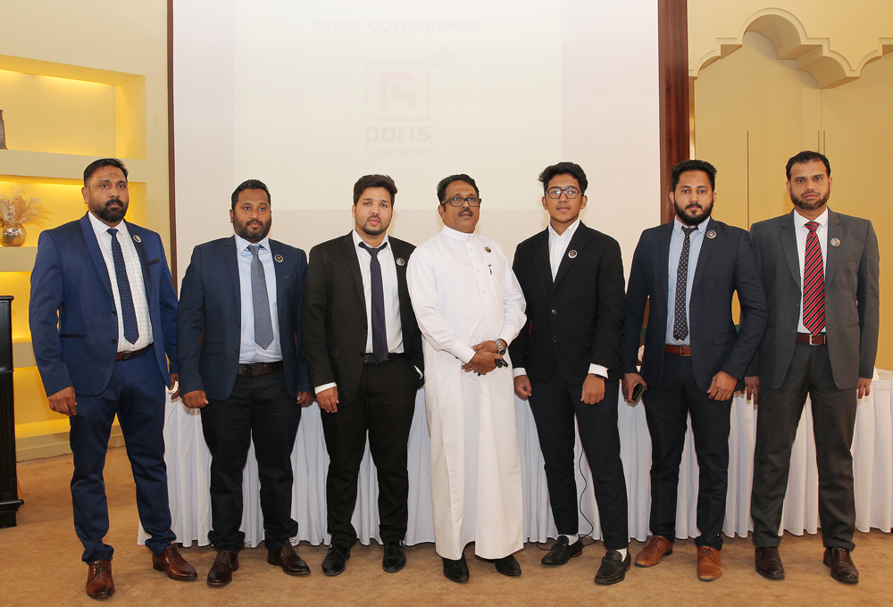 The Chairman and founder of Paris Group, Ismail Thengalil (centre), and CEO Muhammad Thengalil (third left) with other senior officials, Jafer T K (left), Executive Director; Afsal K (second left), Director of Operations; Hashim P B (second right), General Manager;  and Shamsudheen (right), Finance Manager; after a press conference to announce the opening of Paris Hypermarket at the Sharq Village and Spa in Doha, yesterday. Pic: Salim Matramkot/The Peninsula