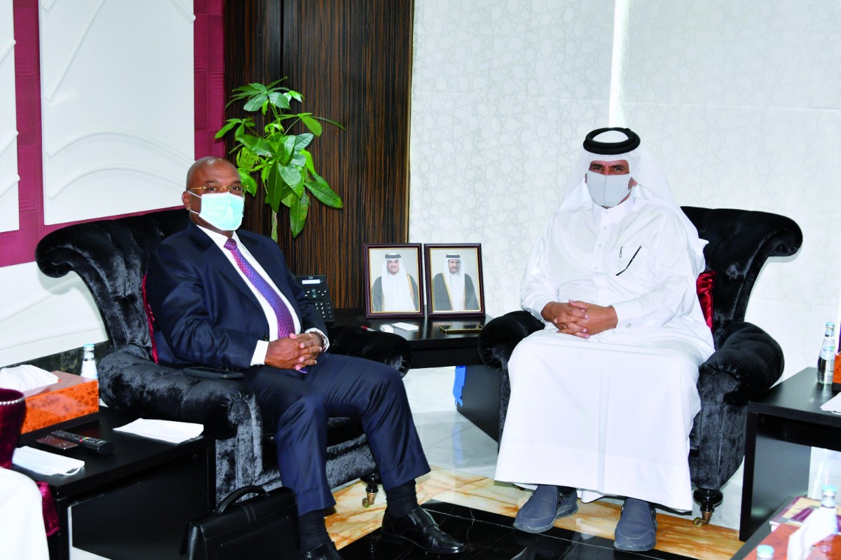Qatar Chamber First Vice-Chairman Mohamed bin Towar Al Kuwari (right) with the Minister of Industry and Commerce of Mozambique H E Carlos Mesquita, during a meeting, yesterday.  