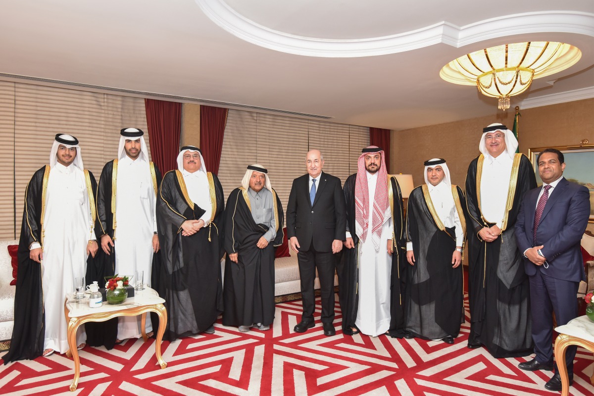 President of the People’s Democratic Republic of Algeria H E Abdelmadjid Tebboune, during a meeting with QBA Chairman Sheikh Faisal bin Qassim Al Thani and other members of the Qatari Businessmen Association. 