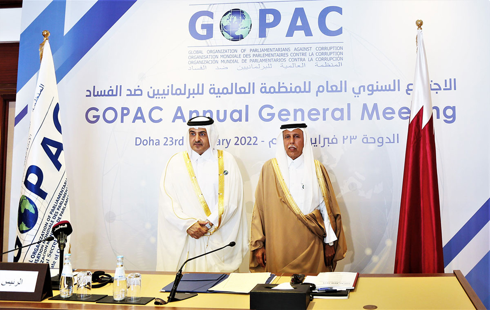 President of Global Organization of Parliamentarians Against Corruption H E Ahmad bin Abdullah bin Zaid Al Mahmoud (right) with H E Dr. Ali bin Fetais Al Marri, who has been appointed President of the organisation for the next two years.
