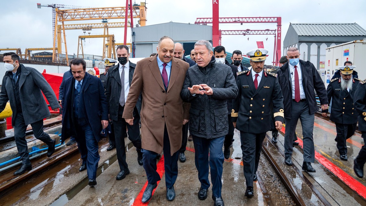 Deputy Prime Minister and Minister of State for Defence Affairs H E Dr. Khaled bin Mohammed Al Attiyah and Turkish Minister of National Defence H E Hulusi Akar at the inauguration of “Al Shamal” QTS 92 training ship at the Anadolu Shipyard in Istanbul, Turkey, yesterday. 
