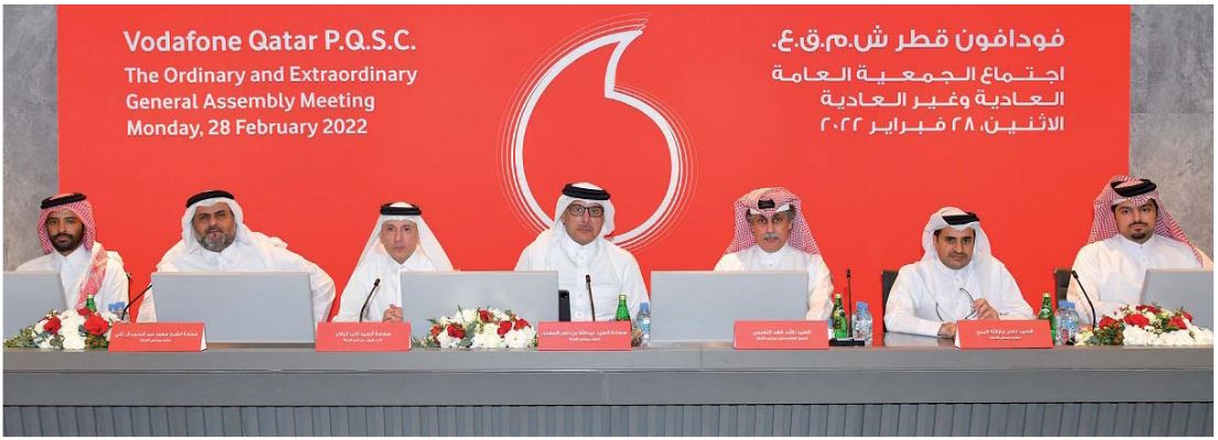 Vodafone Qatar’s Chairman Abdulla bin Nasser Al Misnad, with other BOD members during the Ordinary General Assembly Meeting yesterday.