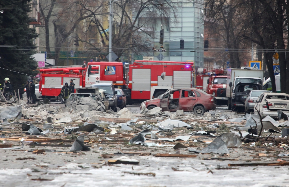 A view shows the area near the regional administration building, which city officials said was hit by a missile attack, in central Kharkiv, Ukraine, March 1, 2022. Reuters/Vyacheslav Madiyevskyy