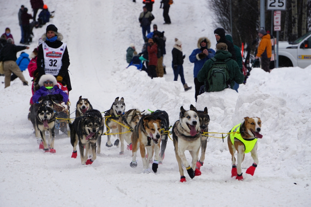 Musher Mille Porsild of Denmark, #32, steers her sled down a hill during the ceremonial start of the 2020 Iditarod Trail Sled Dog Race in Anchorage, Alaska, U.S., March 7, 2020.REUTERS/Yereth Rosen