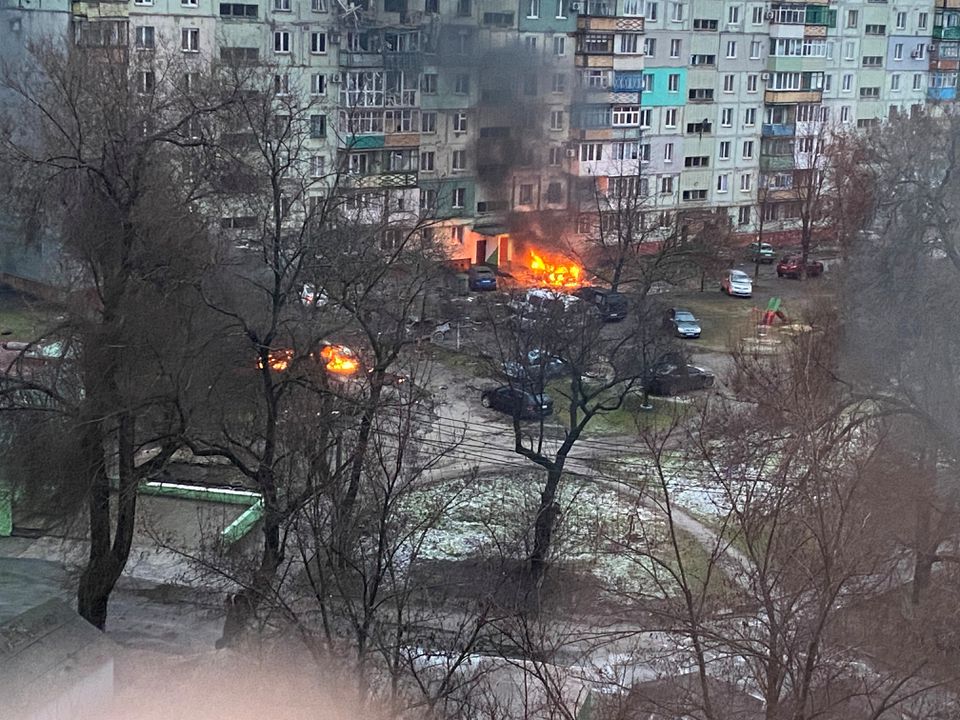 Fire is seen in Mariupol at a residential area after shelling amid Russia's invasion of Ukraine March 3, 2022, in this image obtained from social media. Twitter @AyBurlachenko via REUTERS

