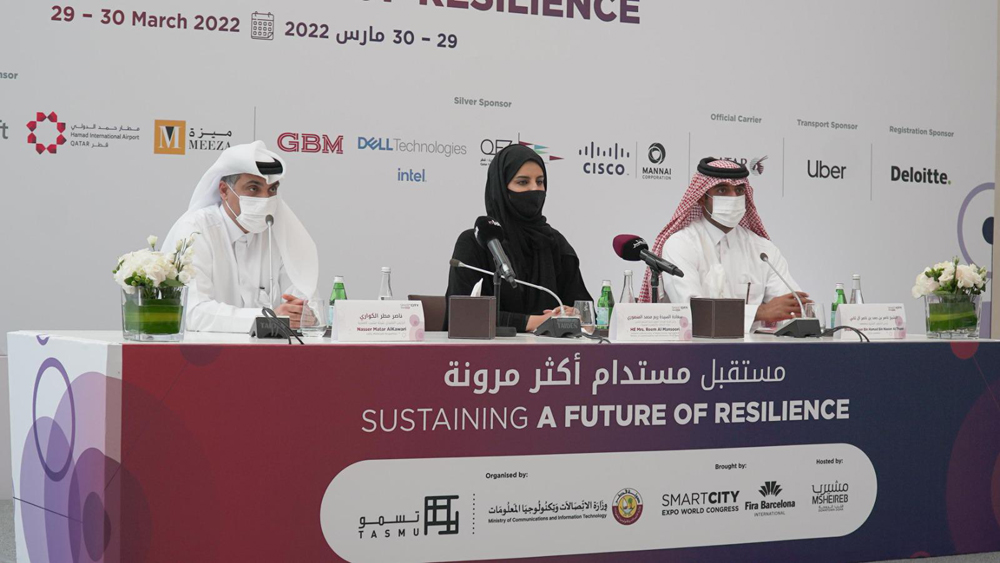 Reem Mohammed Al Mansoori (centre), Assistant Undersecretary of Digital Society Development, Ministry of Communications and Information Technology; Nasser Matar Al Kawari (left), Msheireb Properties Chief Executive Officer; and Sheikh Nasser bin Hamad bin Nasser Al Thani, Chief Commercial Officer Ooredoo, address a press conference on Smart City Expo Doha 2022.