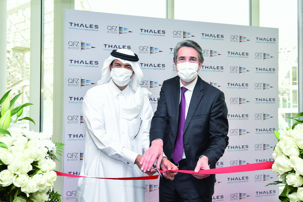 Minister of State and Chairman of Qatar Free Zones Authority H E Ahmad bin Mohamed Al Sayed, and Chairman and CEO of Thales Patrice Caine during the inauguration ceremony of Thales headquarters and Digital Competence Centre in Qatar Free Zones.