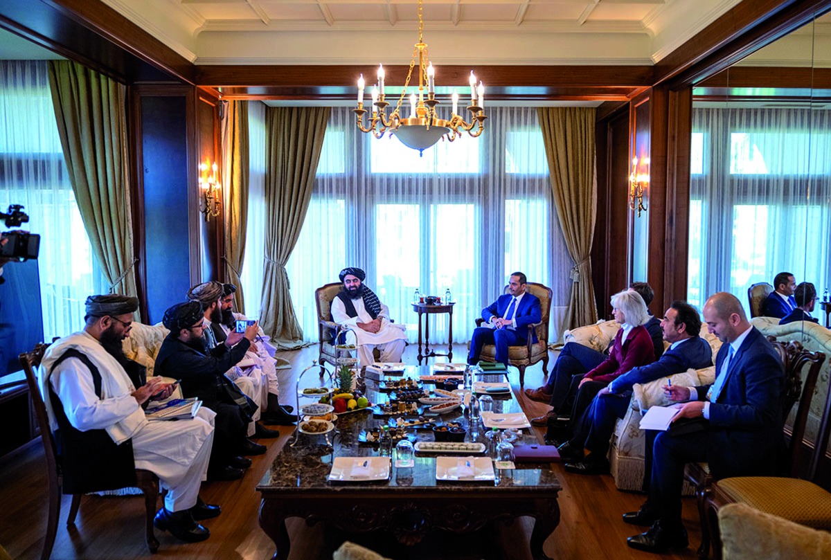 Deputy Prime Minister and Minister of Foreign Affairs H E Sheikh Mohammed bin Abdulrahman Al Thani meeting with Afghan and US officials in Antalya, Turkey, yesterday. 