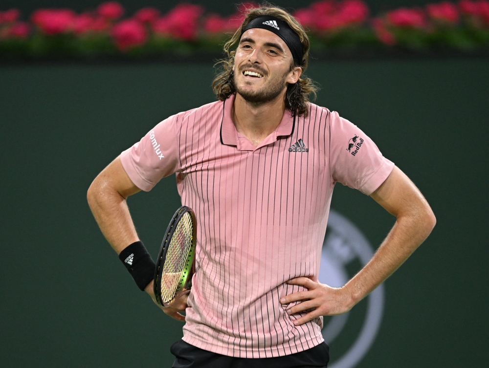 Stefanos Tsitsipas (GRE) reacts after missing a shot in his third round match against Jenson Brooksby (not pictured) during the BNP Paribas Open at the Indian Wells Tennis Garden. Mandatory Credit: Jayne Kamin-Oncea-USA TODAY Sports