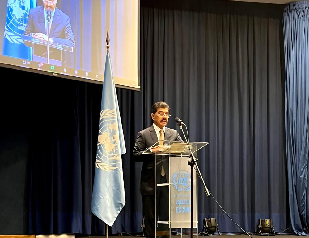 MoFA Secretary-General H E Dr. Ahmed bin Hassan Al Hammadi addressing AFSD in Beirut, Lebanon. 
