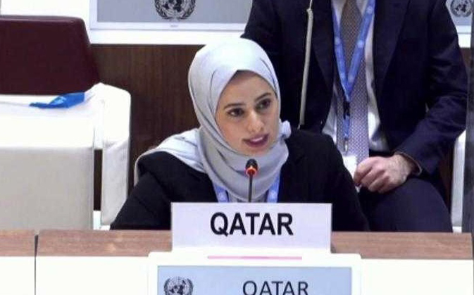 Acting Charge d’Affaires of the Permanent Delegation of Qatar in Geneva Jawhara Al Suwaidi speaking before the 49th Human Rights Council.