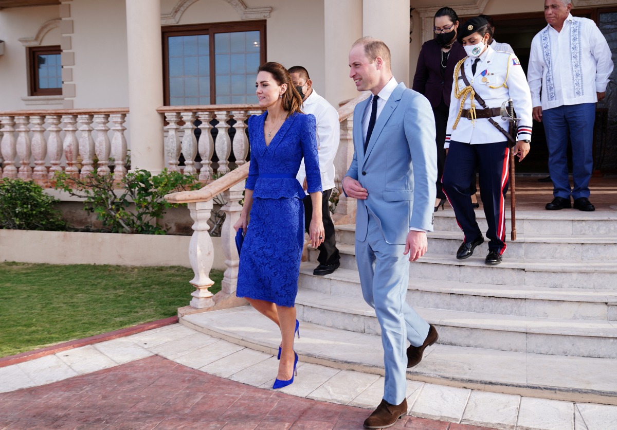 Britain's Prince William and Catherine, Duchess of Cambridge, walk after a meeting with Belize's Prime Minister Johnny Briceno, as they begin their tour of the Caribbean on behalf of the Queen to mark her Platinum Jubilee, at the Laing Building, in Belize City, Belize March 19, 2022. Jane Barlow/Pool via REUTERS
