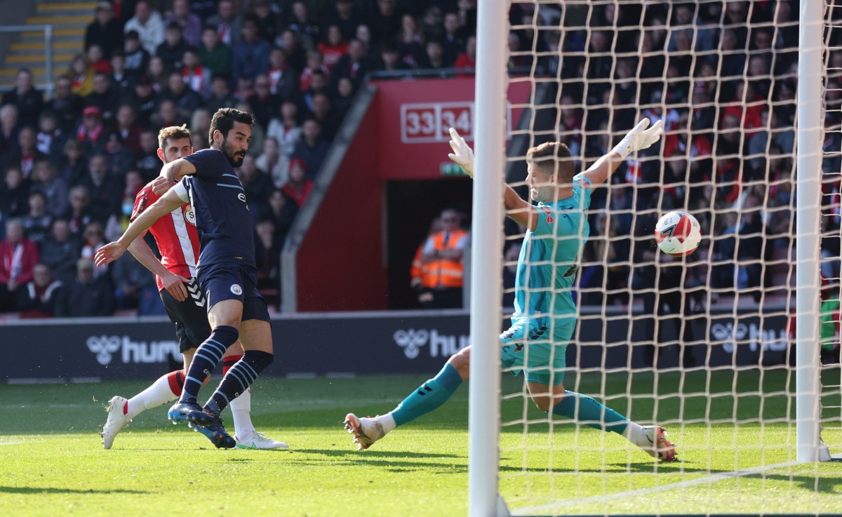 Manchester City's Ilkay Gundogan hits the post with a shot at goal REUTERS/Ian Walton
