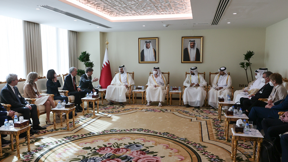 Minister of Commerce and Industry H E Sheikh Mohammed bin Hamad bin Qassim Al Thani with Vice-Chancellor and Minister of Economy and Climate of the Federal Republic of Germany H E Robert Habeck and the accompanying delegation.