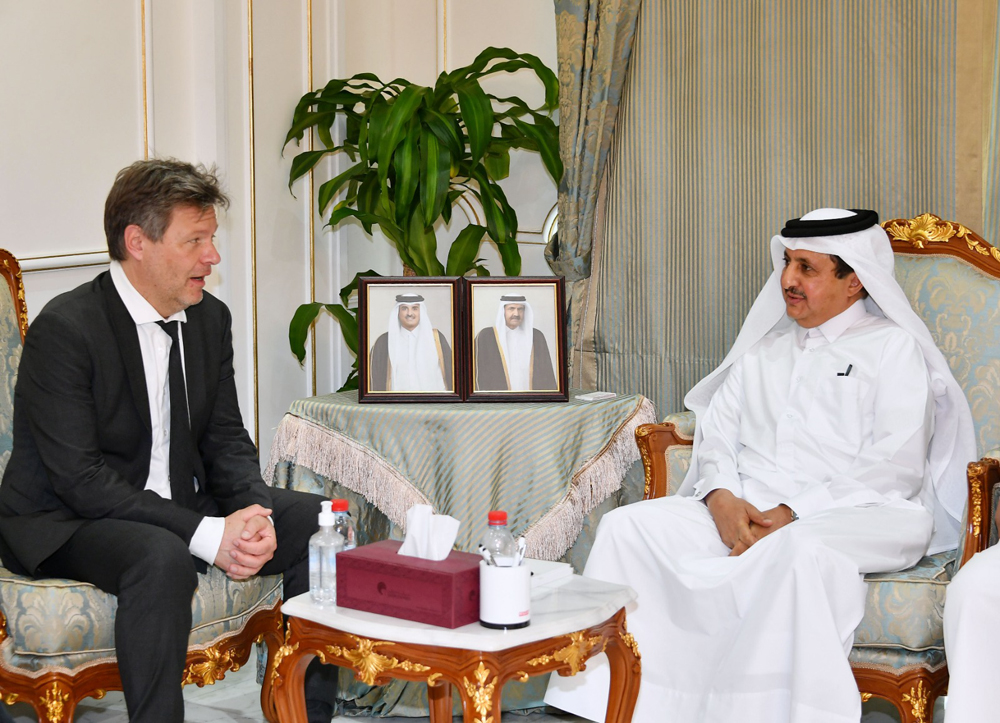 Vice Chancellor and Federal Minister for Economic Affairs and Climate Action Dr Robert Habeck, and QC Chairman Khalifa bin Jassim Al Thani during the meeting.