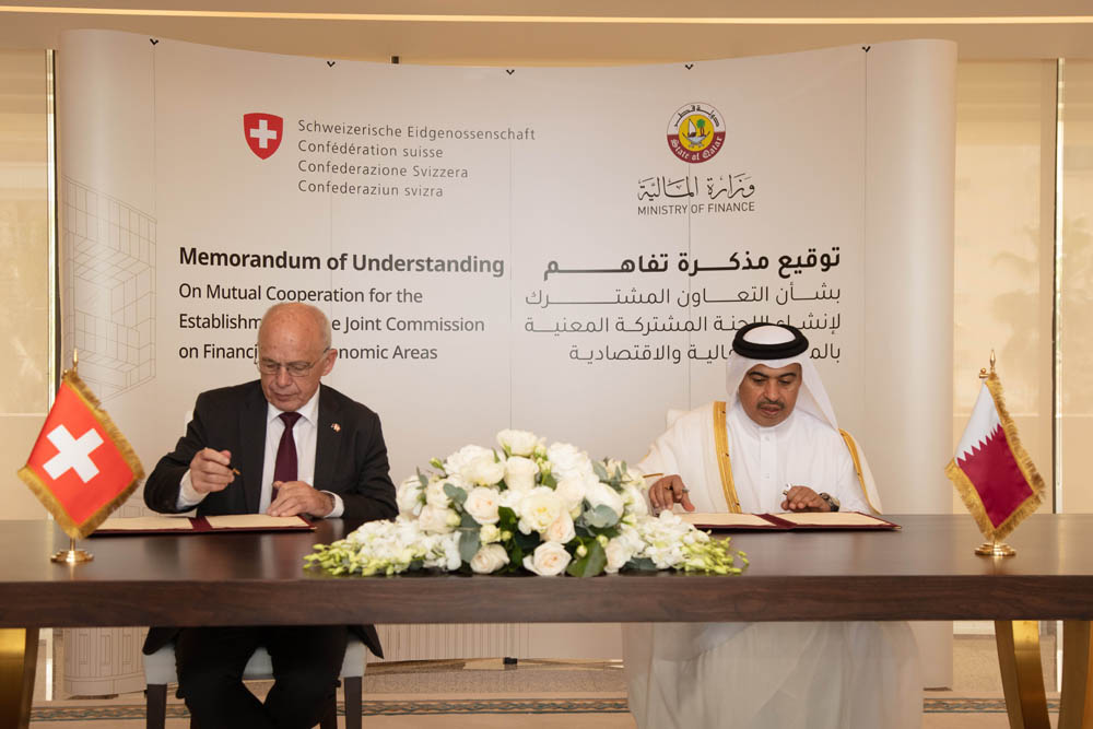 Minister of Finance H E Ali bin Ahmed Al Kuwari and H E Ueli Maurer Head of the Federal Department of Finance during the MoU signing ceremony.