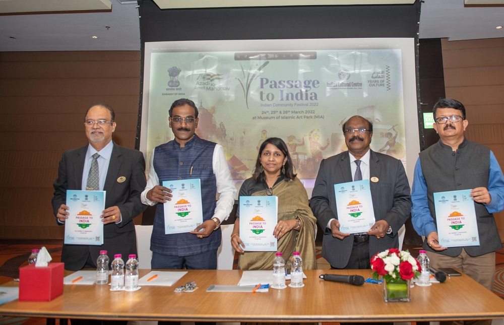 Second Secretary of Embassy of India Padma Kari and President of ICC P N Baburajan with other officials during a press conference.