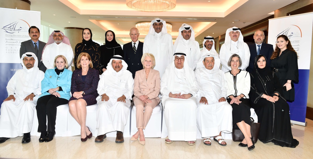 Sheikh Faisal bin Qassim Al Thani, QBA Chairman, with Jane Harman, former member of the US House of Representatives, and other officials from QBA, QBWA, and the visiting US delegation in Doha, recently.  