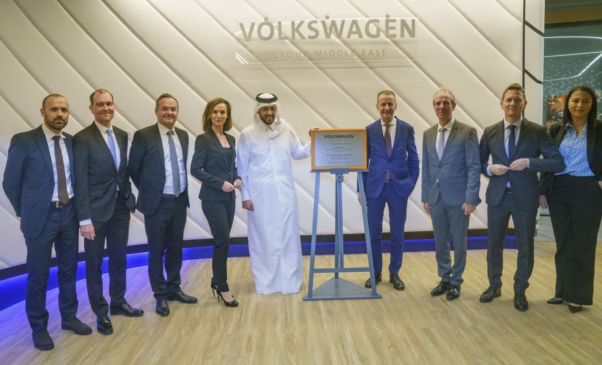 Dr. Herbert Diess, Chairman of the Board of Management at Volkswagen, Benoit Tiers, Regional Chief Executive Officer of VWGME and Mansoor bin Ebrahim Al Mahmoud, Chief Executive Officer of QIA during the inauguration ceremony in Doha, yesterday. 