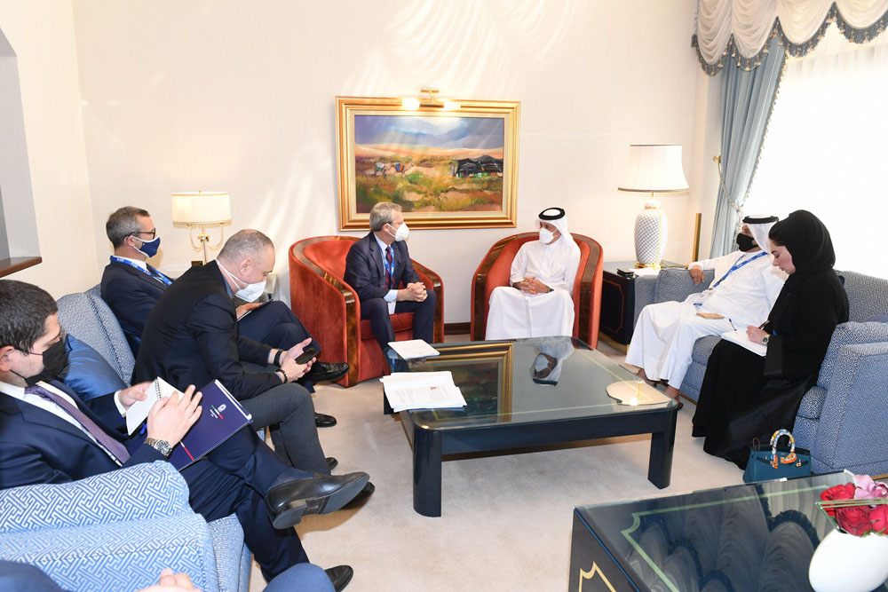 Minister of State for Foreign Affairs H E Sultan bin Saad Al Muraikhi meeting Undersecretary of State of the Ministry or Foreign Affairs of Italy and International Cooperation of Italy H E Benedetto Della Vedova.