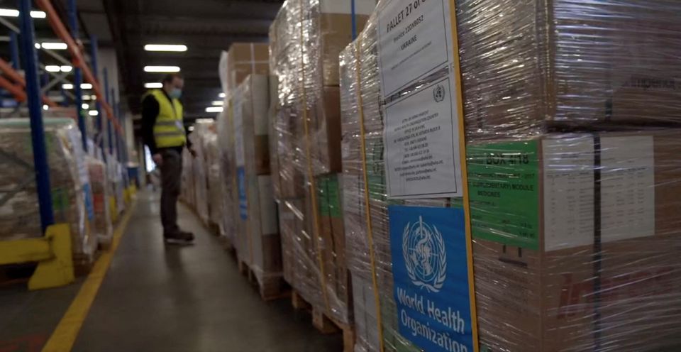 FILE PHOTO: WHO medical aid for Ukraine is stored in a warehouse after arriving at Warsaw Chopin Airport, Poland in this screengrab obtained from a video by Reuters on March 3, 2022. WHO/Handout via REUTERS