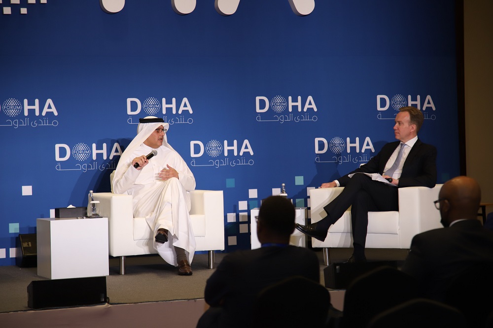 Minister of Communications and Information Technology H E Mohammed bin Ali Al Mannai speaking during a session of Doha Forum yesterday.
