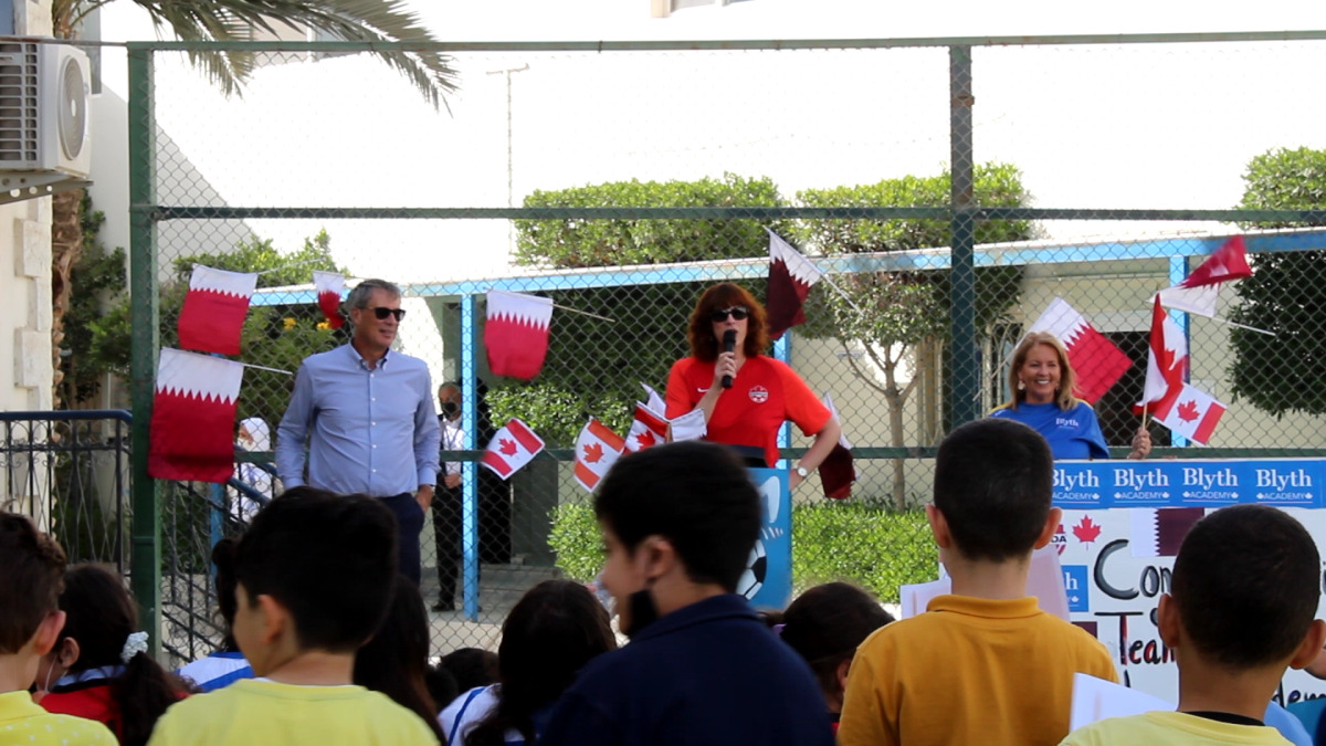 The Canadian Ambassador to Qatar, H E Stefanie McCollum joins the celebrations with the students and faculty at the Blyth Academy, the Canadian School of Qatar.