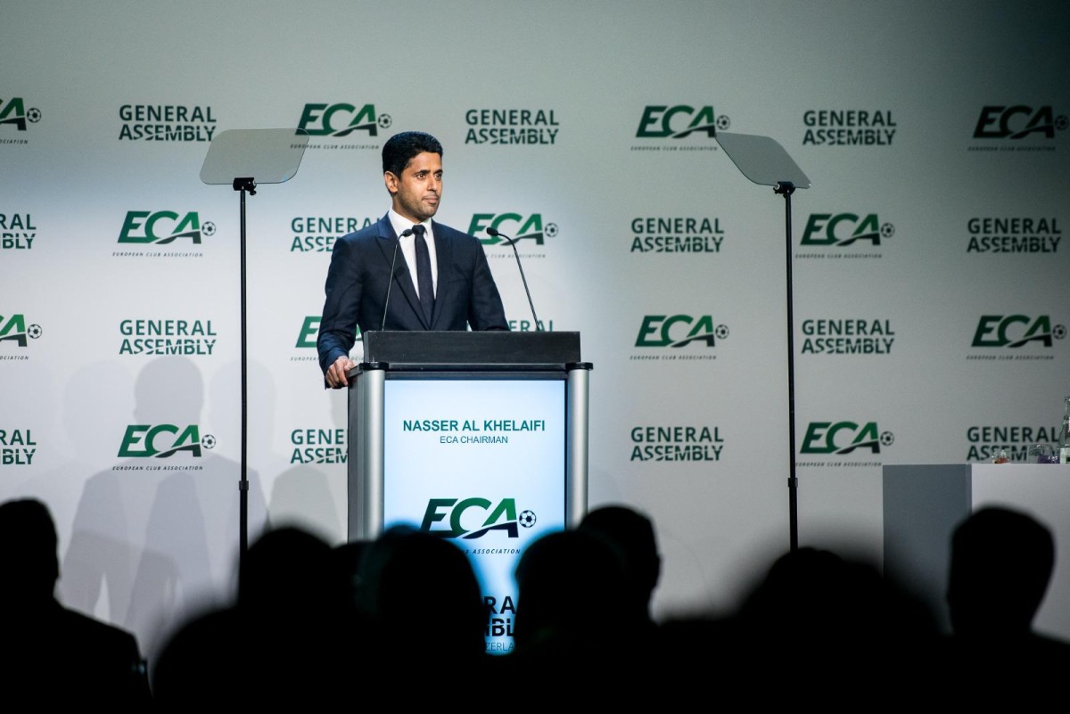 European Club Association Chairman Nasser Al Khelaifi addresses the members during the General Assembly, yesterday.