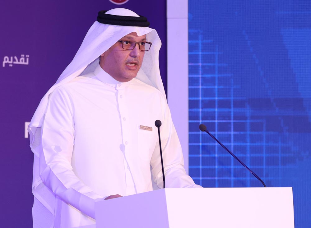 Minister of Communications and Information Technology H E Mohammed bin Ali Al Mannai  addressing attendees during Smart City Expo Doha 2022, yesterday. 
