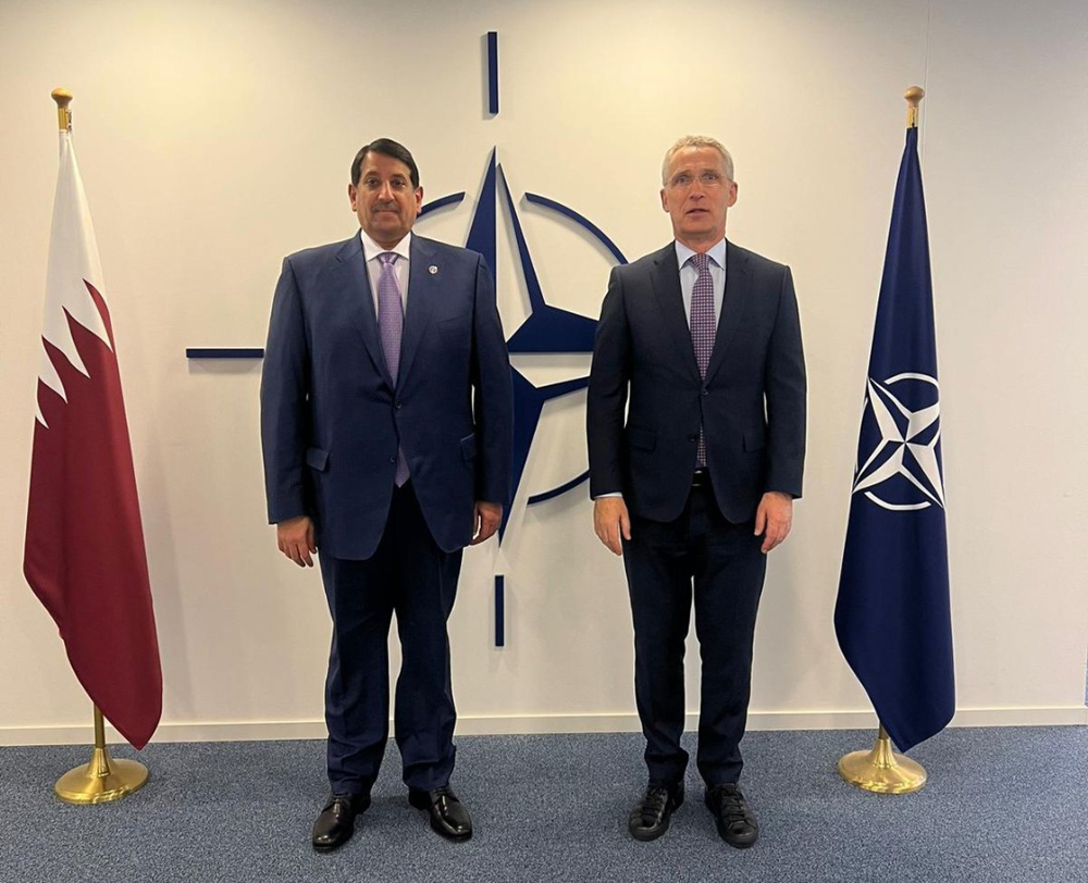 Secretary-General of North Atlantic Treaty Organization (NATO), Jens Stoltenberg, with Qatar’s Ambassador to the mission, Abdulaziz bin Ahmed Al Malki, in Brussels, yesterday.