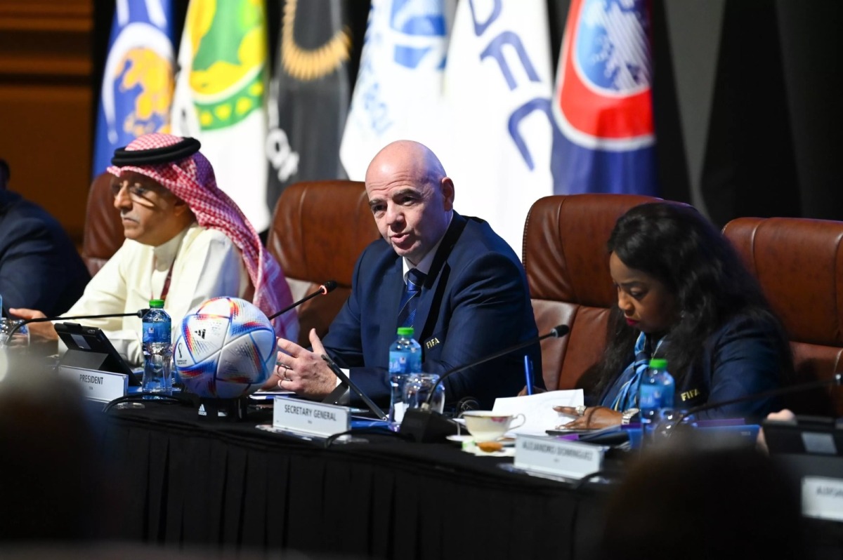 FIFA President Gianni Infantino (centre) with FIFA Senior Vice-President Sheikh Salman bin Ebrahim Al Khalifa (left) and FIFA Secretary General Fatma Samoura during a FIFA Council Meeting in Doha, yesterday.