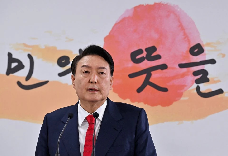 South Korea's president-elect Yoon Suk-yeol speaks during a news conference to address his relocation plans of the presidential office, at his transition team office, in Seoul, South Korea, March 20, 2022.Jung Yeon-je/Pool via REUTERS

