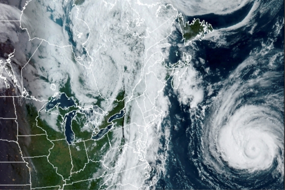 A satellite image shows Hurricane Larry in the Atlantic Ocean, moving north towards the Canadian Atlantic province of Newfoundland and Labrador September 5, 2021. NOAA/Handout via REUTERS/File Photo