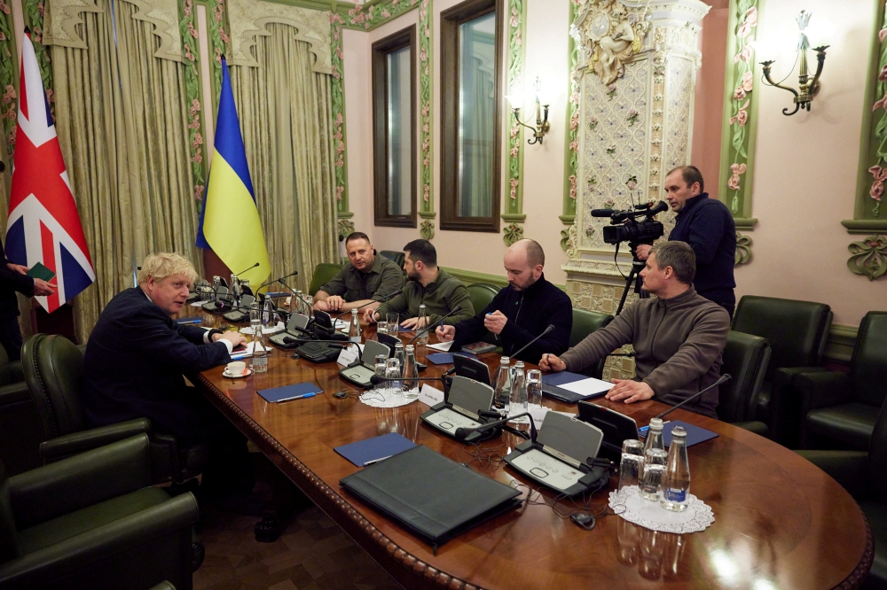 Ukraine's President Volodymyr Zelenskiy and British Prime Minister Boris Johnson attend a meeting, as Russia?s attack on Ukraine continues, in Kyiv, Ukraine April 9, 2022. (Ukrainian Presidential Press Service)