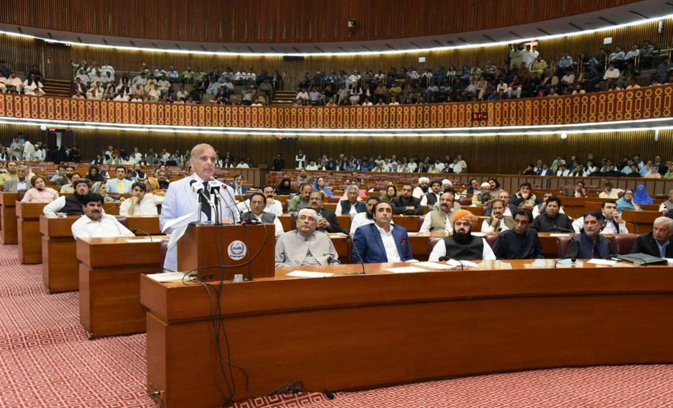Pakistan's prime minister-elect Shehbaz Sharif speaks after winning a parliamentary vote to elect a new prime minister, at the national assembly, in Islamabad, Pakistan April 11, 2022. Press Information Department (PID)/Handout via REUTERS


