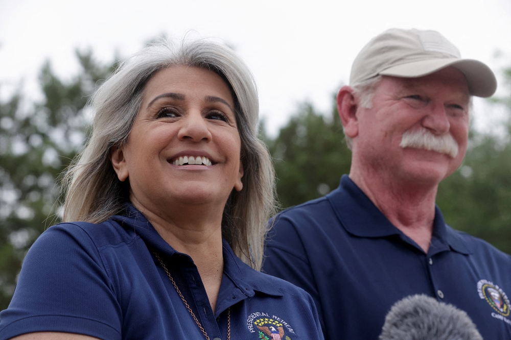 Paula and Joey Reed speak at a news conference concerning the homecoming of their son, US Marine Trevor Reed, in Granbury, Texas, U.S. April 27, 2022. Reuters/Shelby Tauber 
