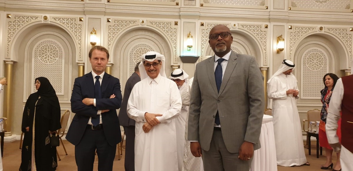 Minister of State and QNL President H E Hamad bin Adbelaziz Al Kawari (centre), French Ambassador Jean-Baptiste Faivre (first left), and Ambassador of Rwanda François Nkulikiyimfura during the event.