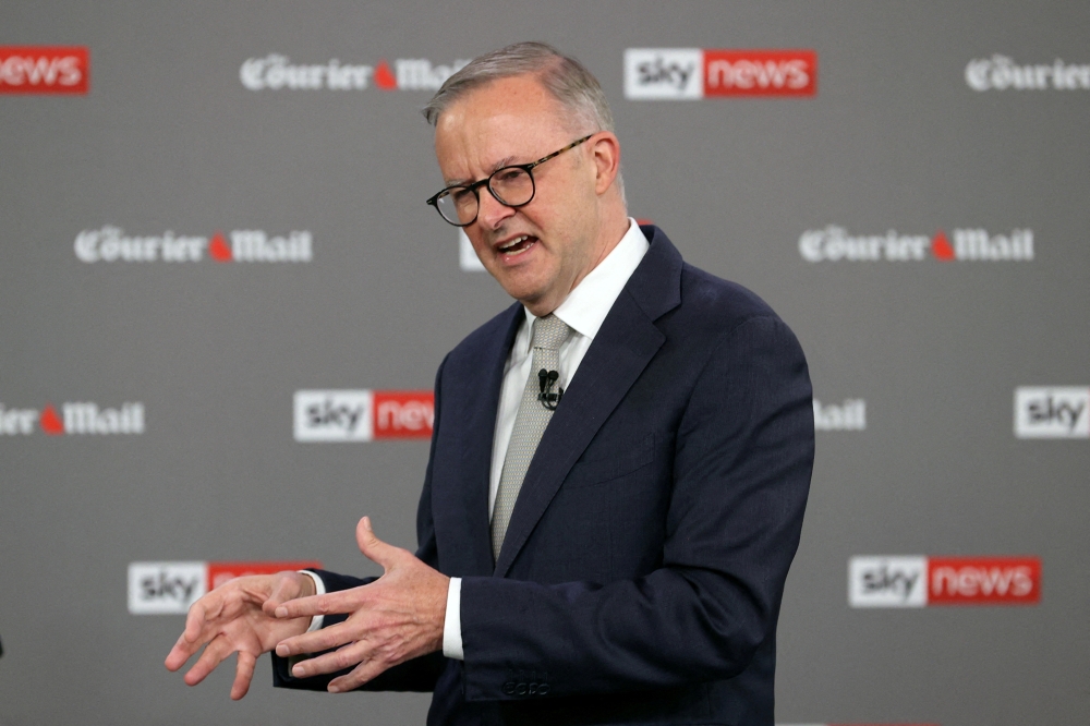 Australian Opposition Leader Anthony Albanese speaks during the first leaders' debate of the 2022 federal election, at the Gabba sports stadium, in Brisbane, April 20, 2022. AAP/ Jason Edwards via Reuters