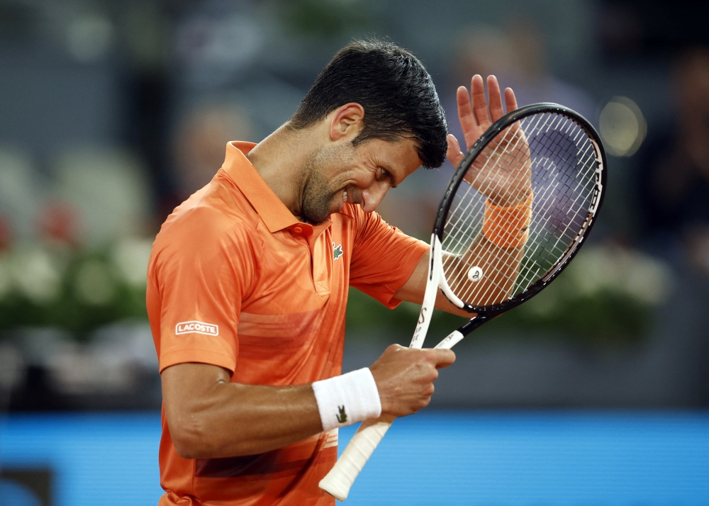 May 3, 2022 Serbia's Novak Djokovic reacts during his second round match against France's Gael Monfils REUTERS/Juan Medina