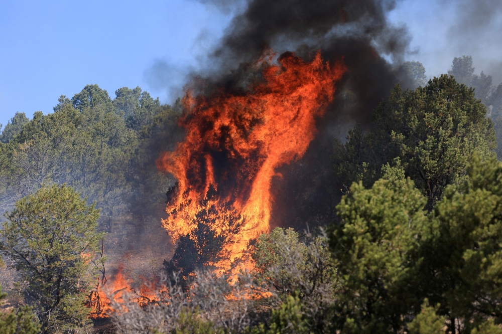 The Hermits Peak and Calf Canyon wildfire burns near Las Vegas, New Mexico, U.S. May 4, 2022. REUTERS/Kevin Mohatt/File Photo