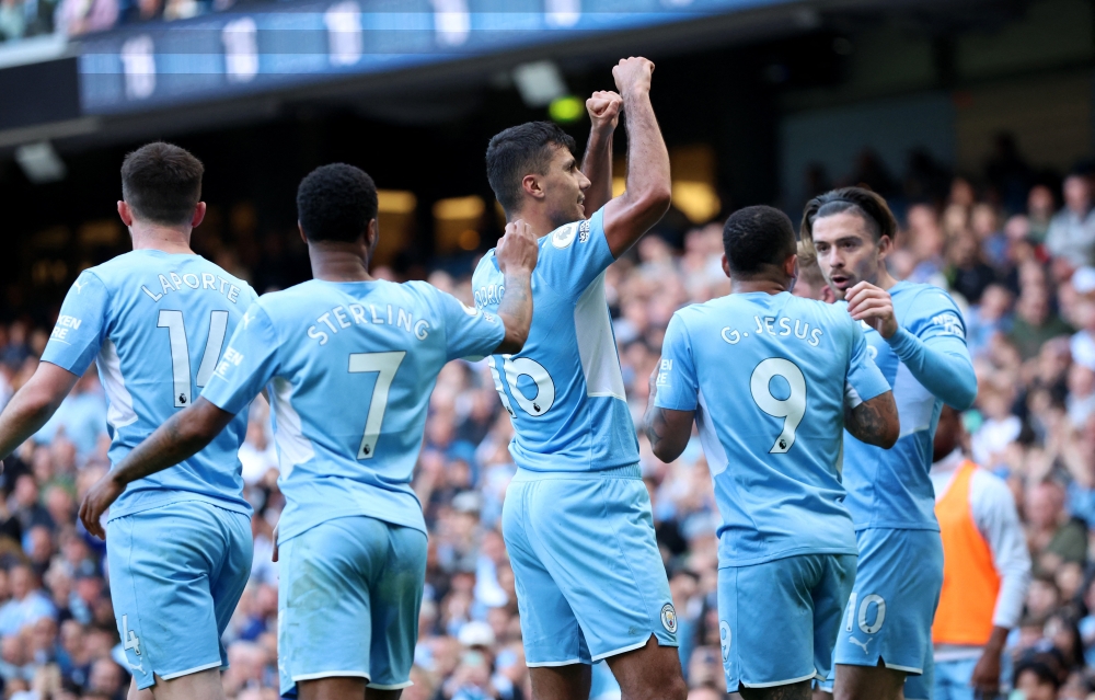 Manchester City's Rodri celebrates scoring their third goal REUTERS/Phil Noble