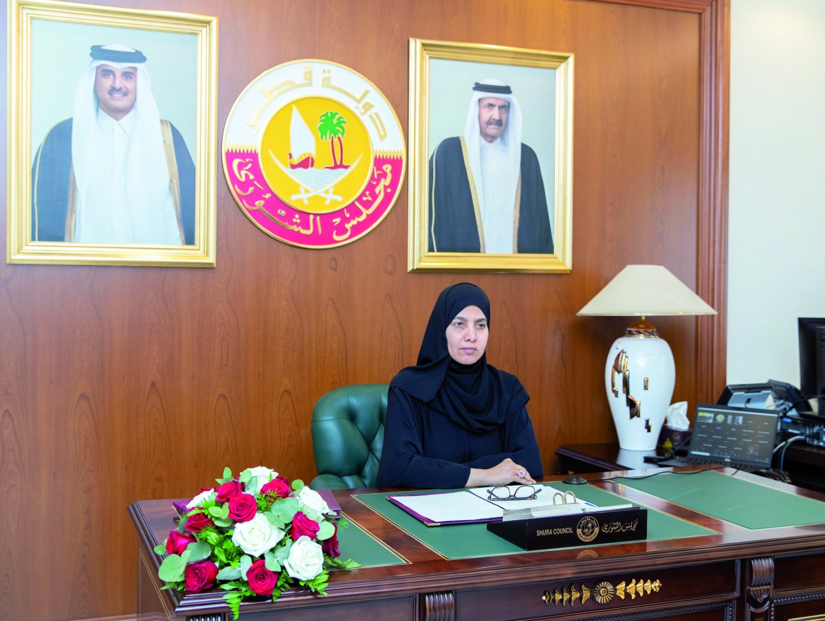 Deputy Speaker H E Dr. Hamda bint Hassan Al Sulaiti attending the conference via video conferencing, yesterday.
