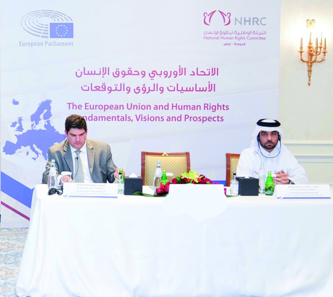 NHRC Secretary-General Sultan bin Hassan Al Jamali and Secretary-General of No Peace Without Justice, Dr. Niccolo Figa-Talamanca, at the workshop. 