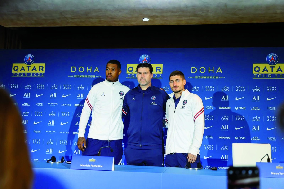 FROM LEFT: Paris Saint-Germain's French defender Presnel Kimpembe, Argentinian head coach Mauricio Pochettino and Italian midfielder Marco Verratti during a press conference in Doha, yesterday. Pic. Mohamed Farag