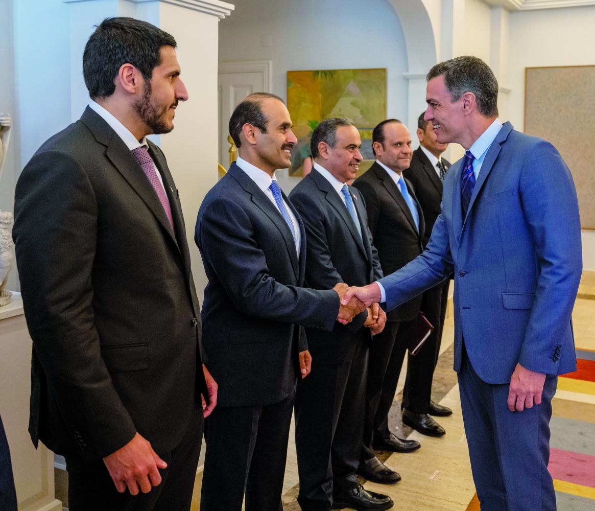 Prime Minister of the Kingdom of Spain H E Dr. Pedro Sanchez welcoming Qatari delegation at the headquarters of the government at the Palace of Moncloa.