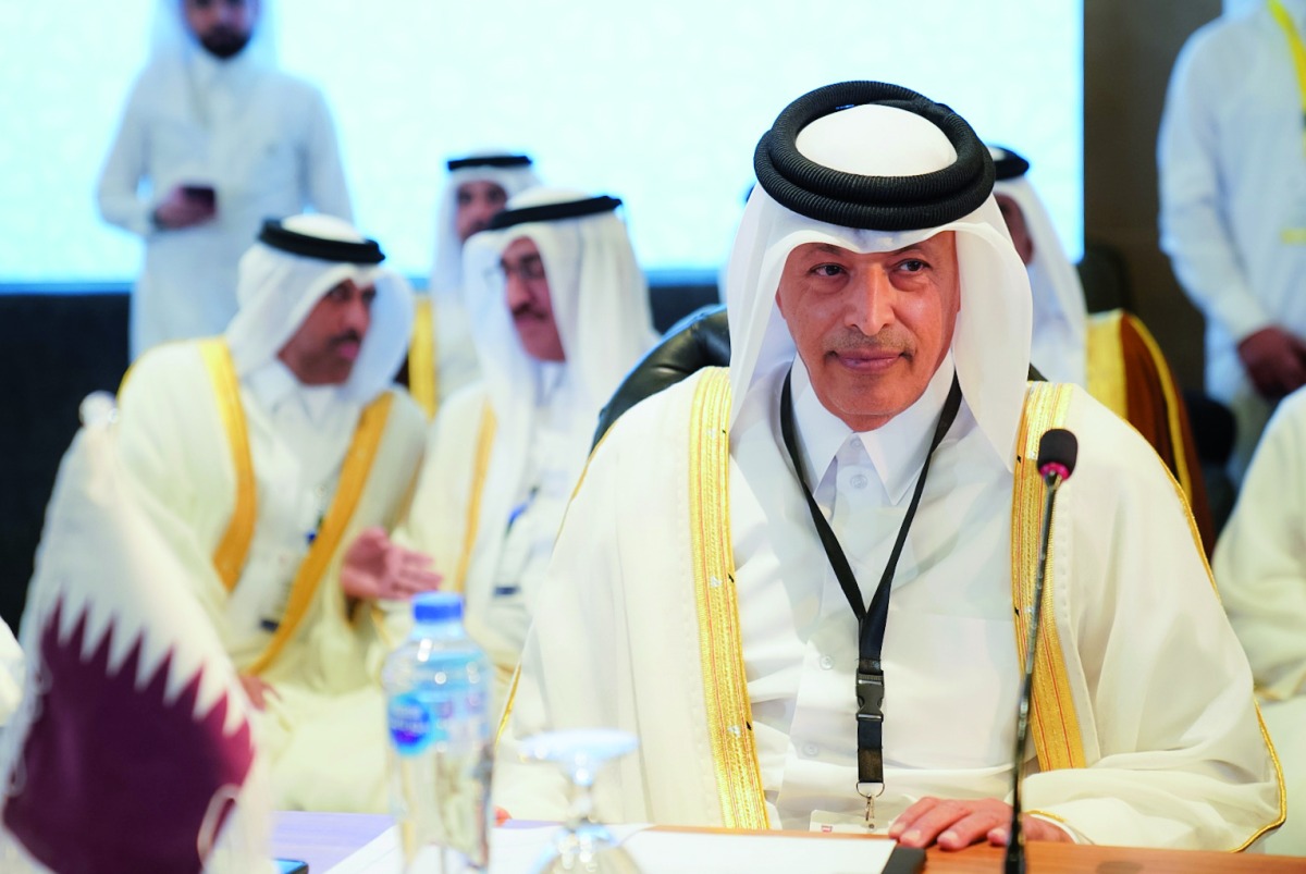 Speaker of the Shura Council H E Hassan bin Abdullah Al Ghanim addressing the emergency conference of Arab Inter-Parliamentary Union.