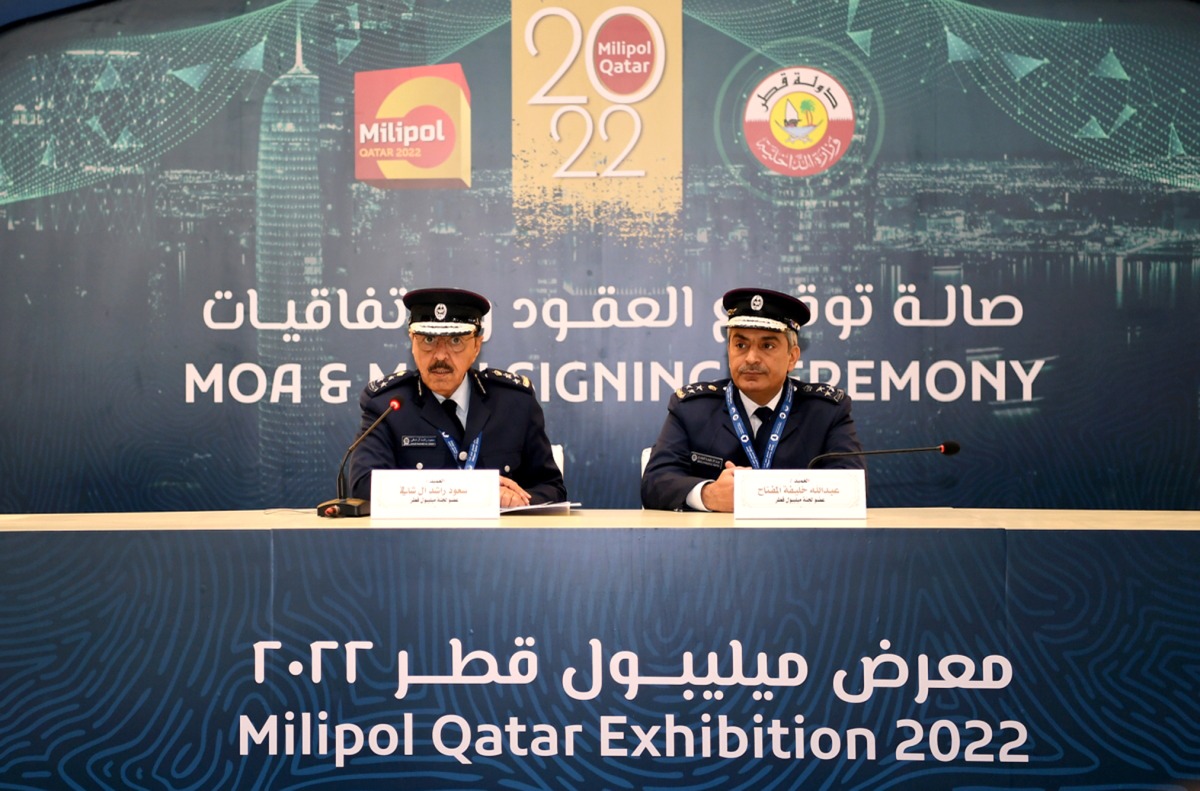 Officials attend an agreement signing ceremony at 14th International Exhibition for Homeland Security and Civil Defense (Milipol) Qatar 2022, yesterday.  
